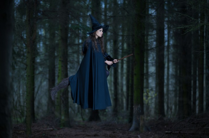 Witch flying on a broom in the forest